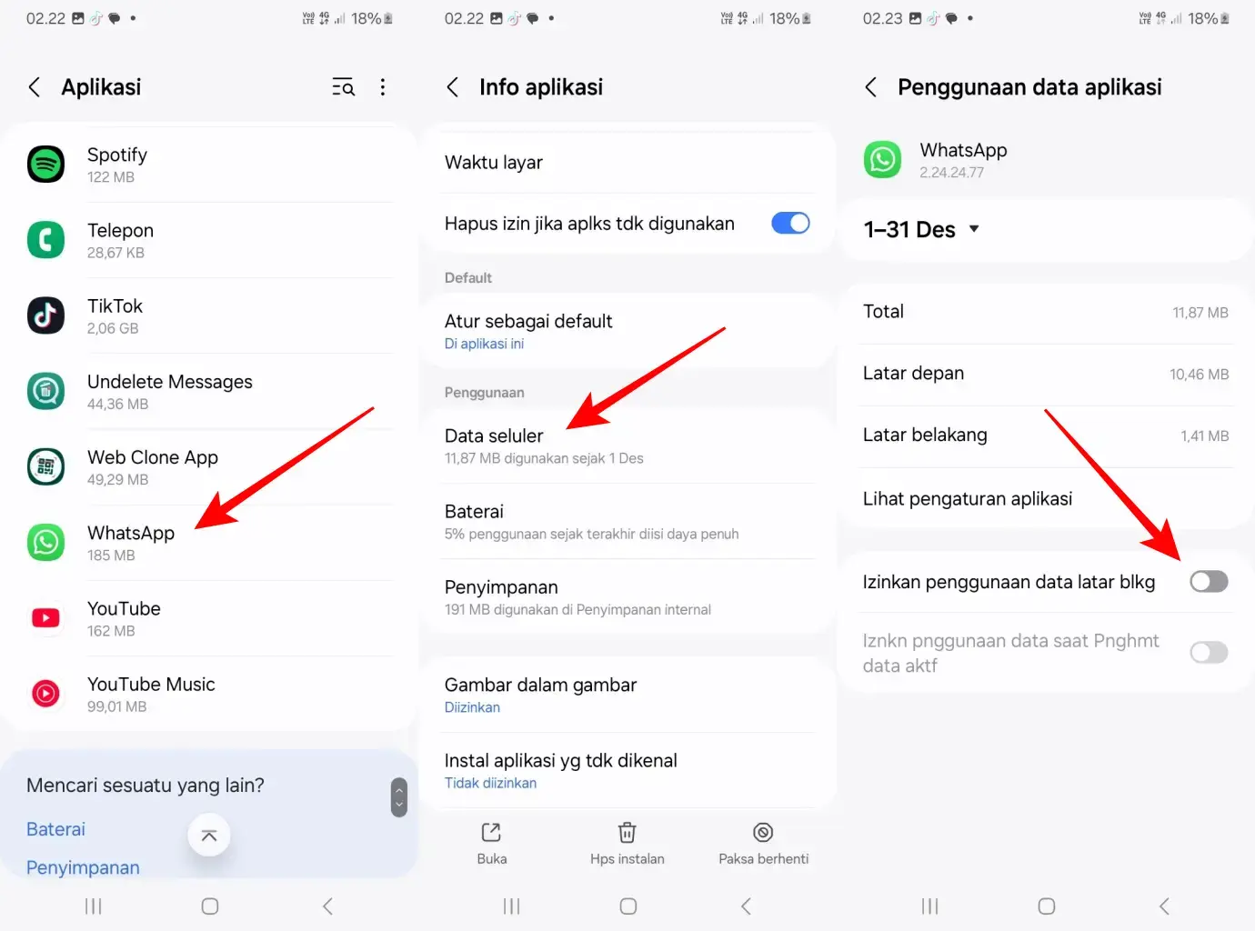 nonaktifkan izin penggunaan data latar belakang whatsapp